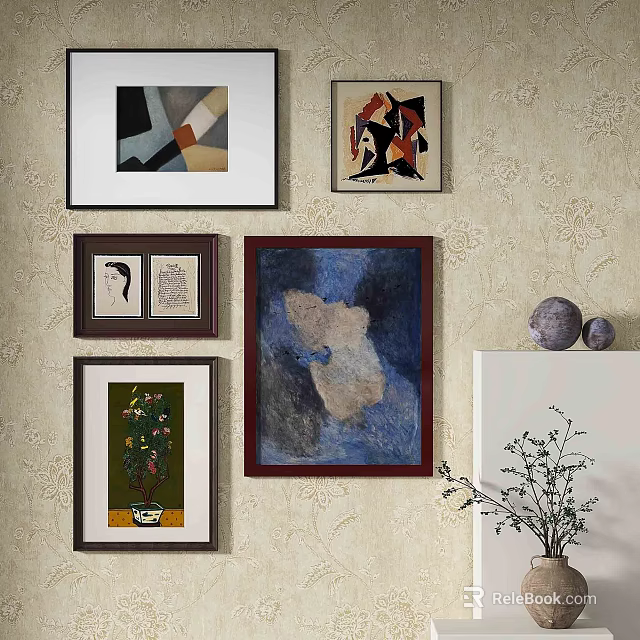 Framed Abstract Paintings On Wall With Decorative Sculptures And Potted Plant In Home Interior 3d model 