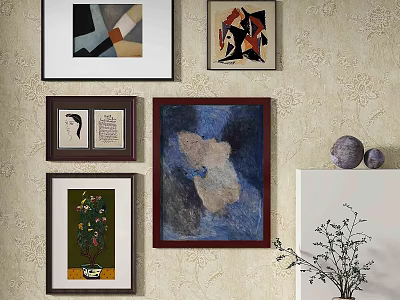 Framed Abstract Paintings On Wall With Decorative Sculptures And Potted Plant In Home Interior 3d model