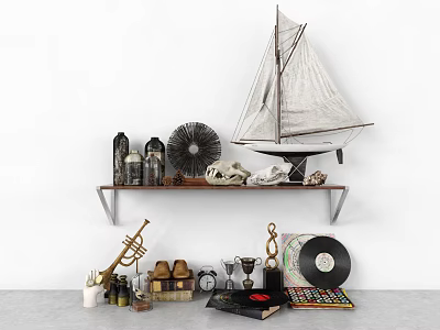 Decorative Ornament Set with Sailboat Model Decorative Bottles Fan and Vintage Decor on Shelf 3d model