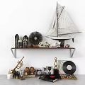 Decorative Ornament Set with Sailboat Model Decorative Bottles Fan and Vintage Decor on Shelf