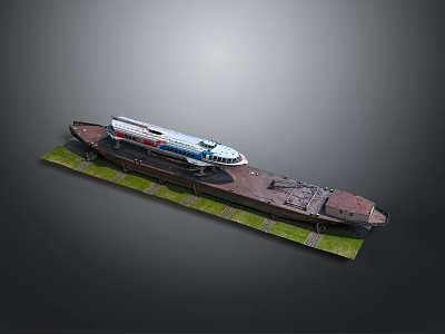 Scale Ship Model Display Featuring Brown Hull White Top And Green Grass Base 3d model