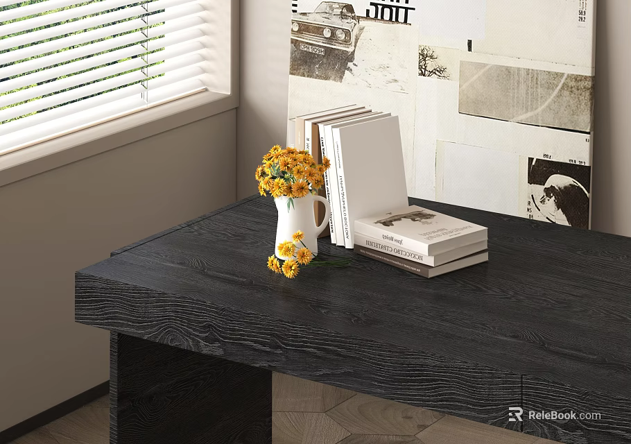Books on Dark Wooden Desk with Yellow Flowers Vase and Wall Collage Near Window Blinds 3d model 