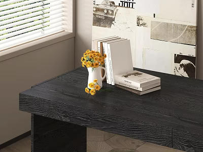 Books on Dark Wooden Desk with Yellow Flowers Vase and Wall Collage Near Window Blinds 3d model