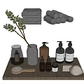 Bathroom Laundry Essentials With Rolled Towels Liquid Soap Bottles And Decorative Plants