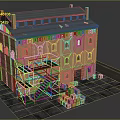 Cartoon Scene of Red Brick Building With Scaffolding Sloped Roof Arched Windows and Brick Piles