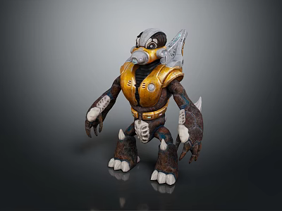 3D Model Of Creature Character With Golden Armor Masked Head White Claws And Spiked Back 3d model