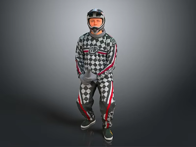 A Man Standing In Checkered Jumpsuit With Red Stripes Wearing Helmet And Mask 3d model