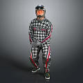 A Man Standing In Checkered Jumpsuit With Red Stripes Wearing Helmet And Mask