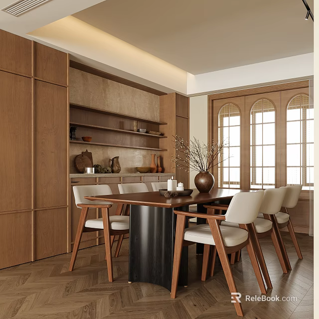 Warm Wooden Dining Room With Rectangular Table White Chairs Arched Windows And Decorative Vases 3d model 