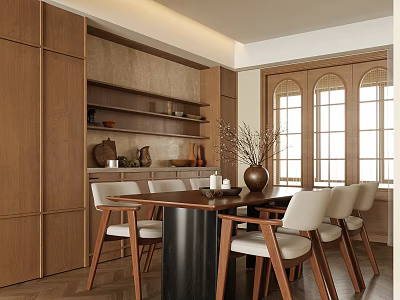 Warm Wooden Dining Room With Rectangular Table White Chairs Arched Windows And Decorative Vases 3d model