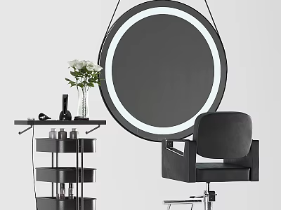 Modern Black Massage Chair with Round LED Mirror and Multi-tier Side Table in Salon Setting 3d model