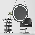 Modern Black Massage Chair with Round LED Mirror and Multi-tier Side Table in Salon Setting