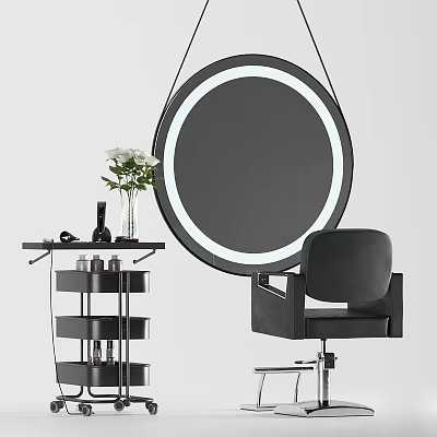 Modern Black Massage Chair with Round LED Mirror and Multi-tier Side Table in Salon Setting 3d model