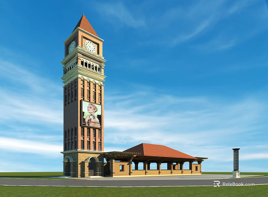Tall Clock Tower with Red Roof Classic Architecture Against Blue Sky Green Lawn Scene 3d model 