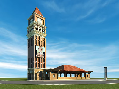 Tall Clock Tower with Red Roof Classic Architecture Against Blue Sky Green Lawn Scene 3d model