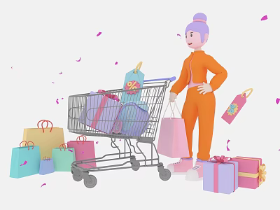 Woman Pushing Shopping Cart With Gift Boxes 25% Discount Tag And Colorful Shopping Bags 3d model