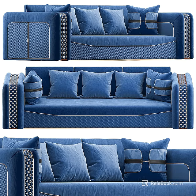 Blue Two Seater Sofa With Multiple Soft Pillows Decorative Armrests And Stitched Design Details 3d model 