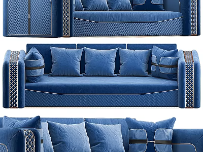 Blue Two Seater Sofa With Multiple Soft Pillows Decorative Armrests And Stitched Design Details 3d model