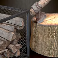 Wooden Logs In Metal Basket Alongside Tree Stump And Axe With Wooden Handle