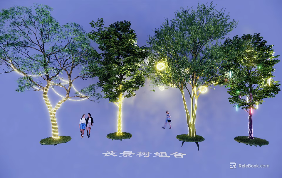 Outdoor Decorative Lights Illuminating Night Scene Tree Combination With People Walking 3d model 
