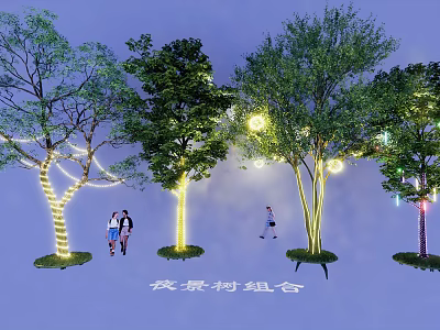 Outdoor Decorative Lights Illuminating Night Scene Tree Combination With People Walking 3d model