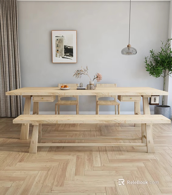 Wooden Dining Table Set with Chairs Bench Simple Style Interior Pendant Light and Plant 3d model 