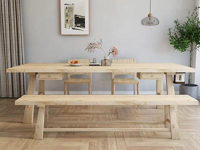 Wooden Dining Table Set with Chairs Bench Simple Style Interior Pendant Light and Plant 3d model