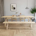 Wooden Dining Table Set with Chairs Bench Simple Style Interior Pendant Light and Plant