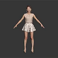 Woman In Sleeveless Top And Patterned Skirt With Arms Outstretched On Gray Background
