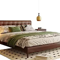 Double Bed with Brown Leather Headboard Decorative Pillows Green Blanket and Black White Checkered Rug