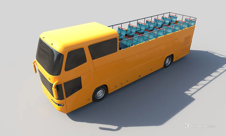 Yellow Open Top Bus with Blue Seats and Spacious Upper Deck Design 3d model 