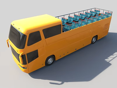 Yellow Open Top Bus with Blue Seats and Spacious Upper Deck Design 3d model