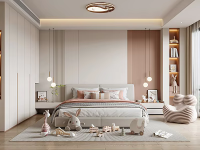 Cozy Kids Bedroom with Stuffed Toys Bookshelf Wardrobe Beige Striped Wall Ceiling Light and Rug 3d model