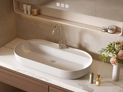 Elegant Oval White Washbasin With Modern Faucet And Marble Countertop Decorated With Flowers And Toiletries 3d model