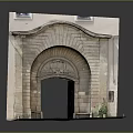 Traditional Stone Arch Gate Featuring Carved Top Stone Paved Pathway And Green Plants