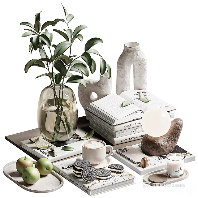 Minimalist Decorative Ornament Set With Green Plant Glass Vase Stacked Books And Table Lamp 3d model 