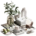 Minimalist Decorative Ornament Set With Green Plant Glass Vase Stacked Books And Table Lamp