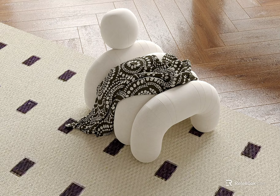 White Sofa Stool With Black And White Patterned Blanket On Light Carpet With Purple Squares 3d model 