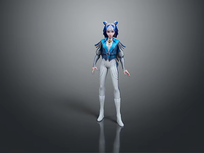 Game And Movie Character With Blue White Outfit Cat Ears Vest And Pants 3d model