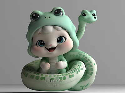 Cute Cartoon Doll With Big Eyes In Frog Hat And Green Spotted Snake Coiled Around 3d model