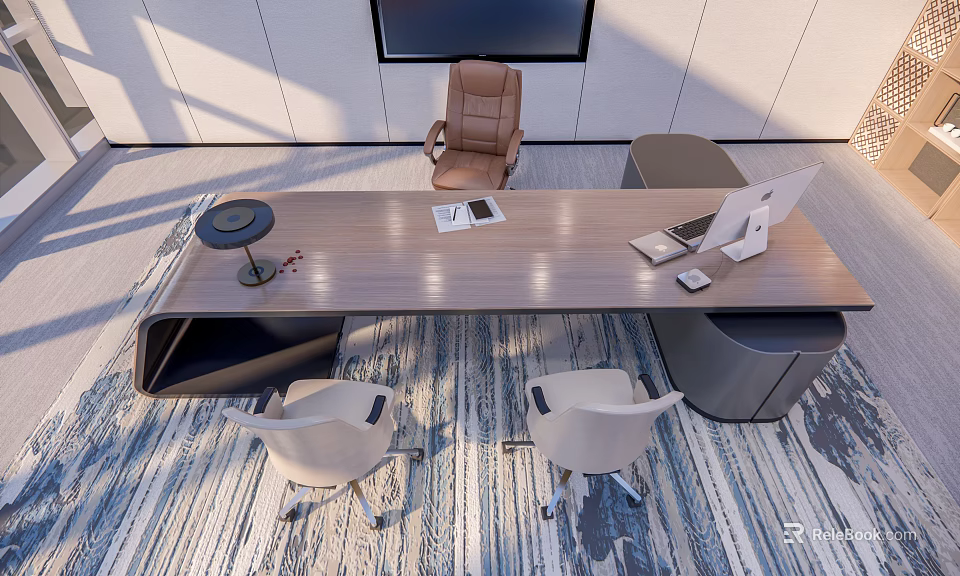 Modern Wooden Office Desk With Brown Chair White Chairs Notebook Phone Table Lamp And Carpet 3d model 