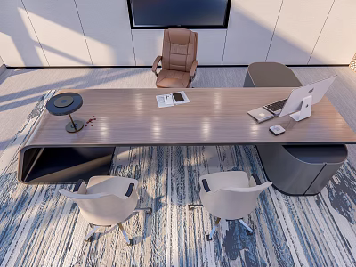 Modern Wooden Office Desk With Brown Chair White Chairs Notebook Phone Table Lamp And Carpet 3d model