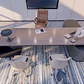 Modern Wooden Office Desk With Brown Chair White Chairs Notebook Phone Table Lamp And Carpet
