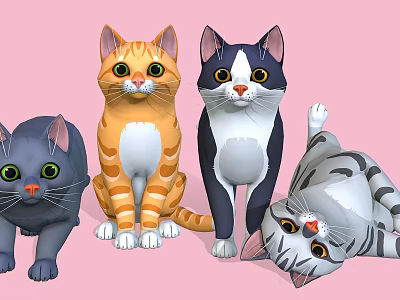 Cute Cartoon Cats In Various Colors And Different Poses On Pink Background 3d model