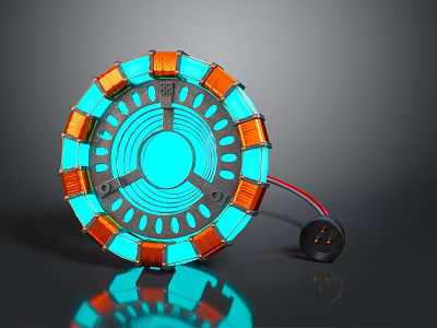 Industrial Equipment Circular Design With Blue Glowing Center Orange Modules And Wired Connection 3d model