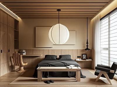 Minimalist Bedroom Interior With Wooden Ceiling Round Pendant Light Black Bed And Wooden Furniture 3d model