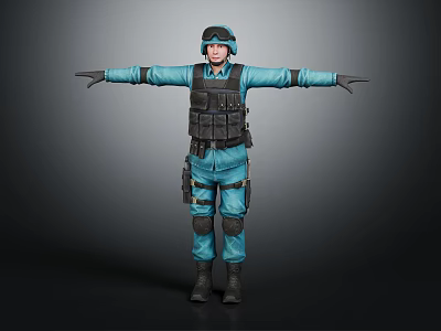 Military Tactical Character In Blue Uniform With Black Vest Helmet And Outstretched Arms 3d model