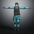 Military Tactical Character In Blue Uniform With Black Vest Helmet And Outstretched Arms