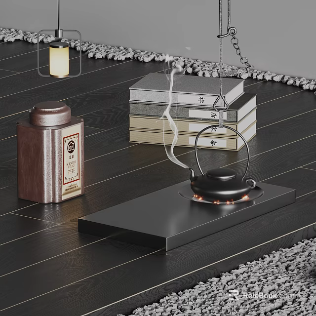 Traditional Chinese Tea Ceremony Set With Black Teapot Brown Caddy And Tray 3d model 