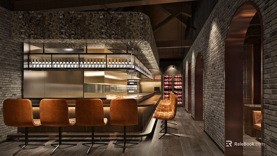 Modern Restaurant Interior With Bar Counter Orange Chairs Brick Walls And Wine Racks 3d model 
